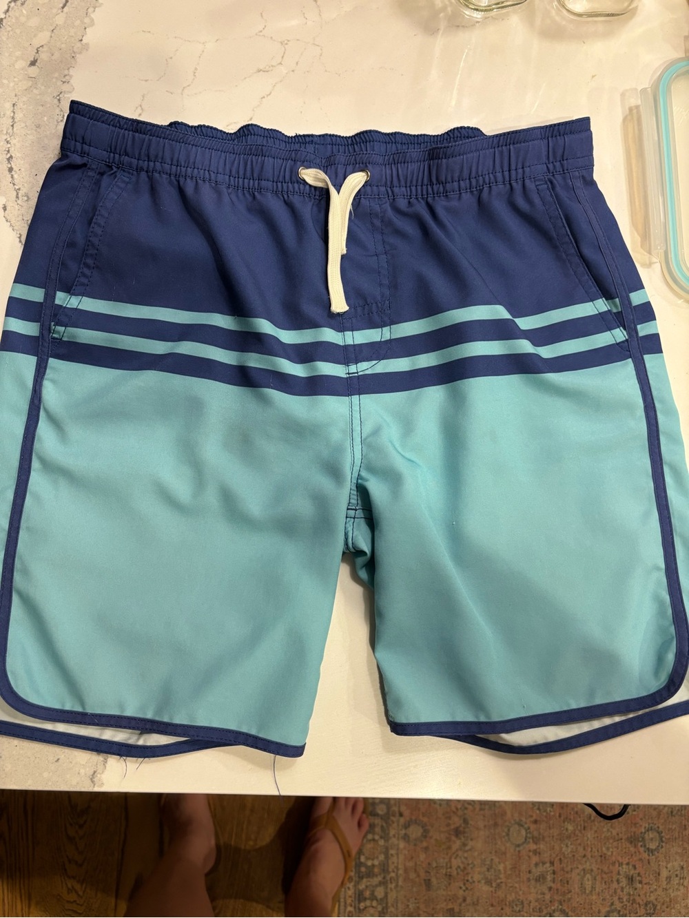Fair Harbor Navy and Aqua Colorblock Kids Swim Trunks